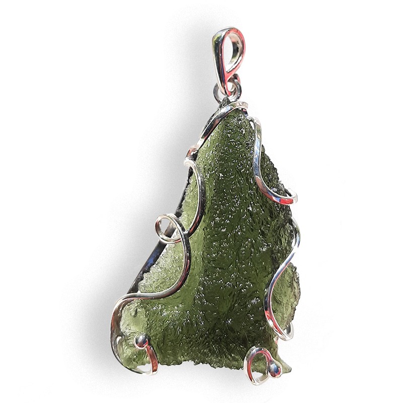 Moldavite, brut spécimen entier, pendentif ouvragé argent, 11,4 g